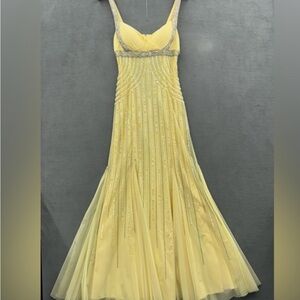 Sean Collection Yellow Embellished Slit Gown